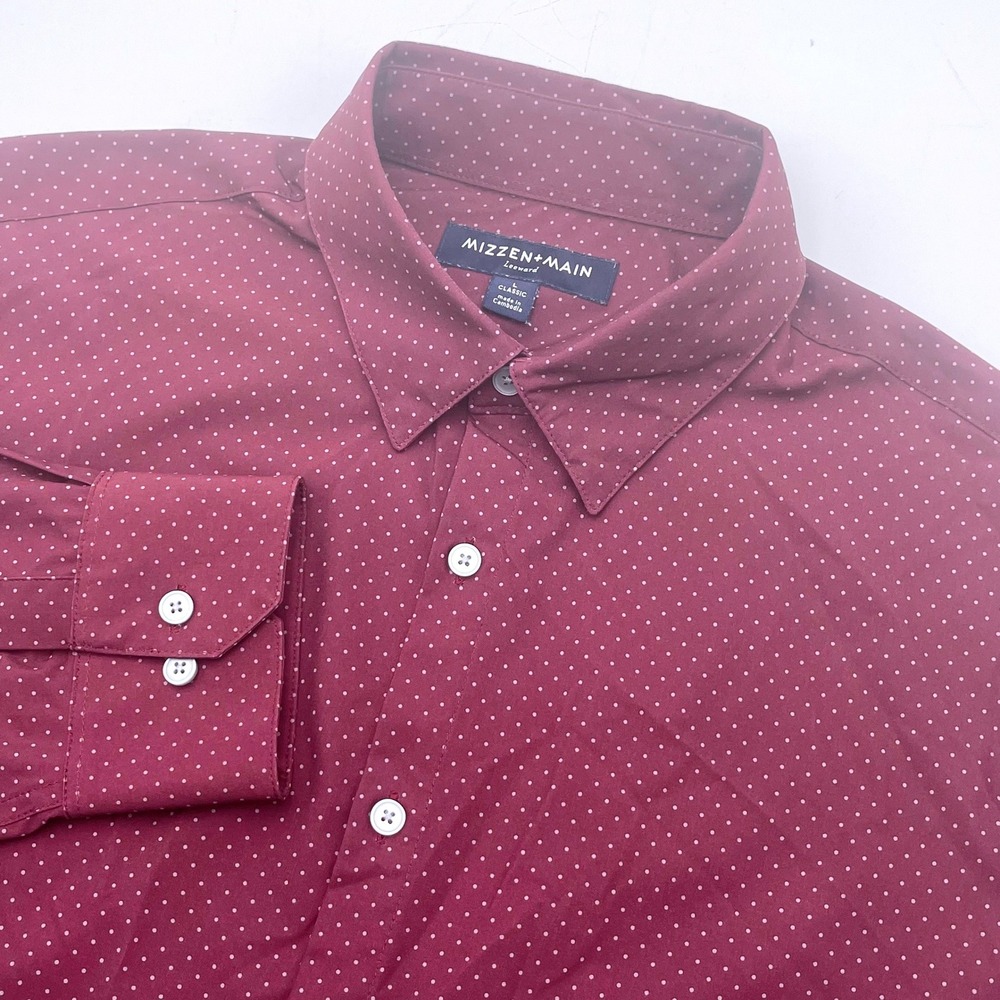 Mizzen+Main Leeward Mens Burgundy Polka Dot Performance Dress Shirt Large L